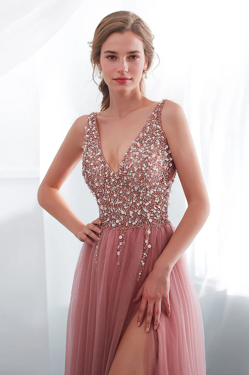 Beaded Tulle A-Line Prom Dress with Lace-Up Back and High Slit