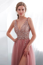 Tulle V-neck  A-line Floor-Length Sleeveless  Prom Dress With Beadings