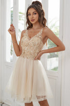 V-Neck Beaded Applique Tulle Short Homecoming Dress with Sheer Mesh Back