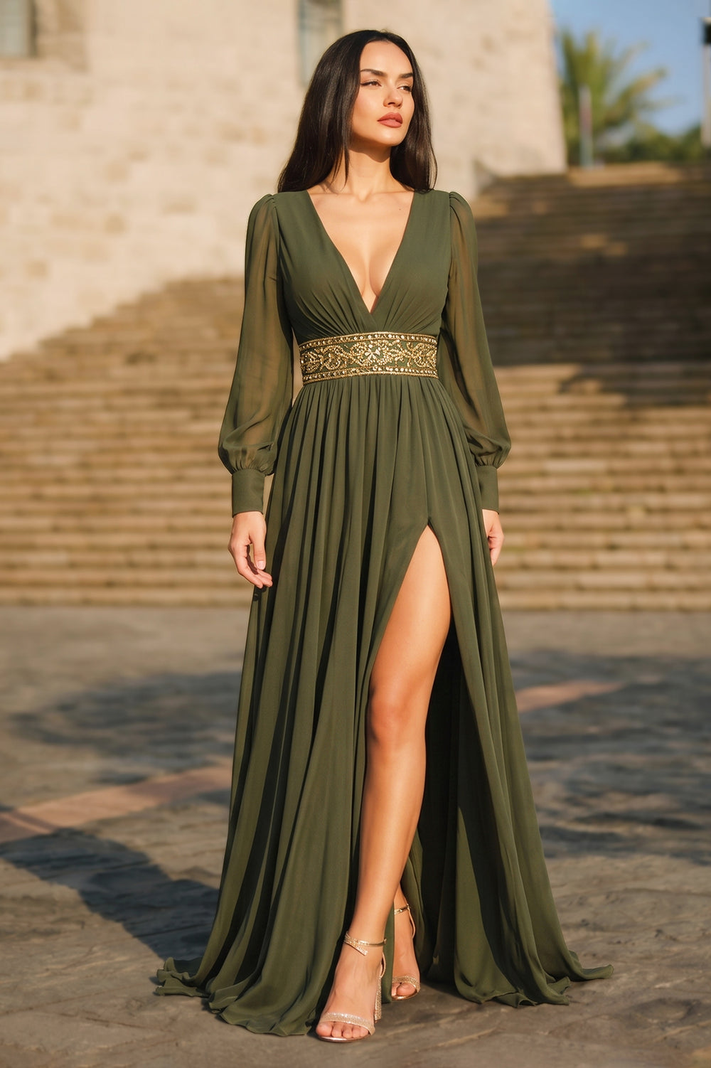 Long-Sleeve Chiffon A-Line Prom Dress with High Slit