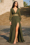 Long-Sleeve Chiffon A-Line Prom Dress with High Slit