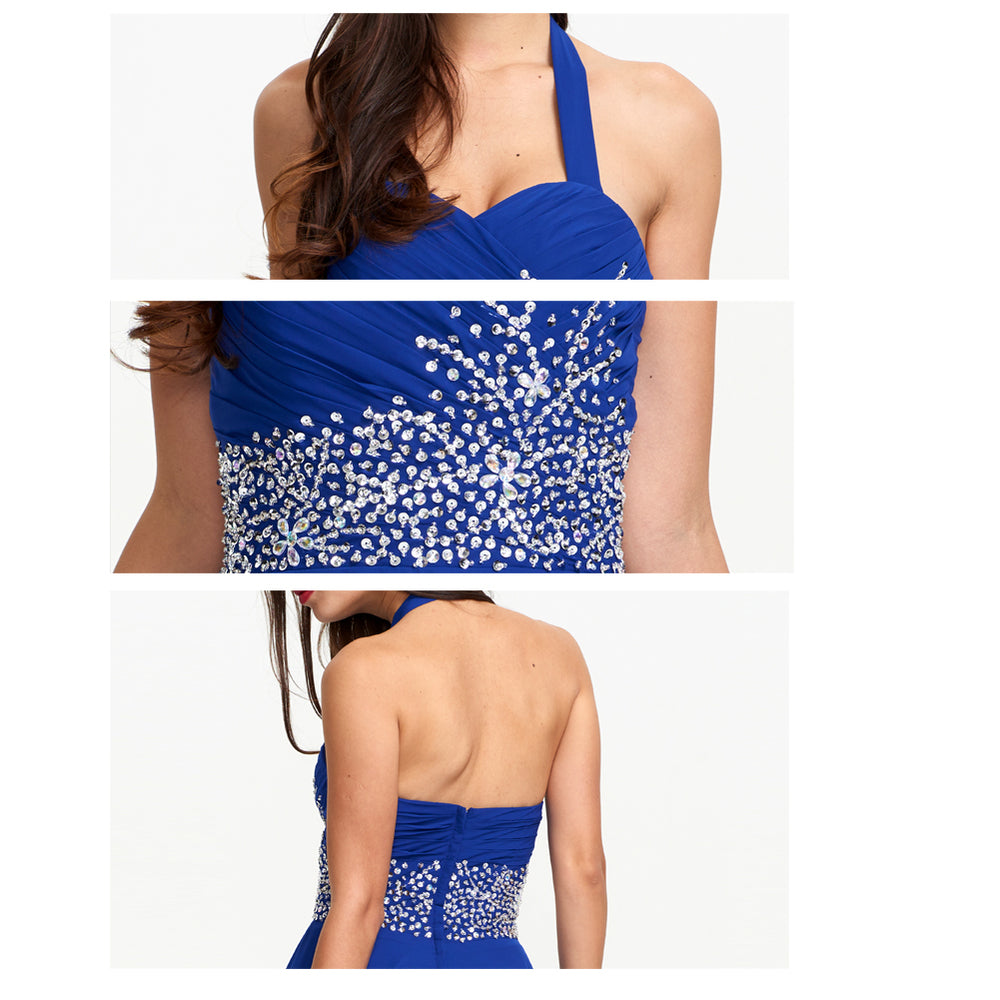 Open-Back Beaded Halter Chiffon A-Line Prom Dress