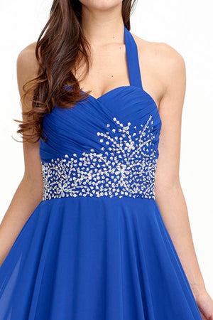 Royal Blue Open-Back Beaded Halter Chiffon A-Line Prom Dress