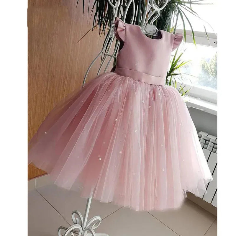 Ruffled Sleeves Tulle Flower Girl Dress with Bows