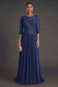 Navy Half-Sleeve Lace and Pleated Chiffon Mother of the Bride Dress
