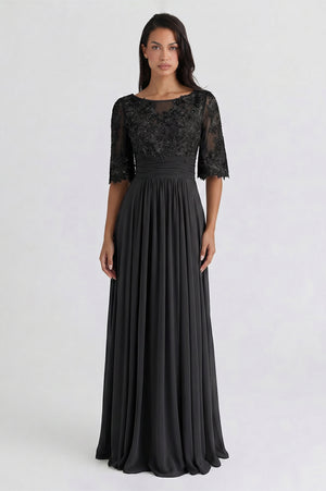 Bell-Sleeve Chiffon Mother of the Bride Dress with Lace Bodice