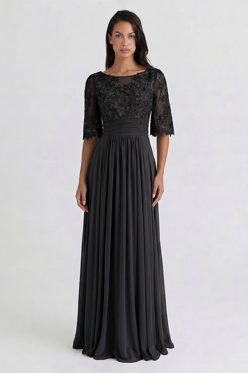 Black Bell-Sleeve Chiffon Mother of the Bride Dress with Lace Bodice