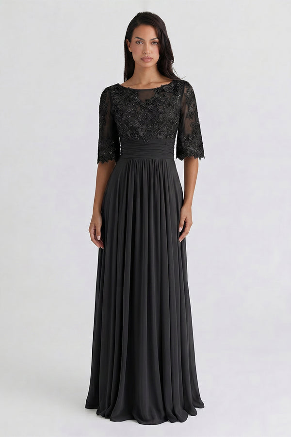 Bell-Sleeve Chiffon Mother of the Bride Dress with Lace Bodice