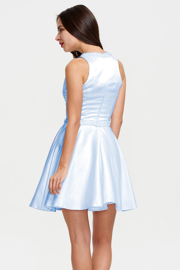Sky Blue High-Neck Satin A-Line Short Homecoming Dress
