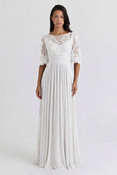 White Bell-Sleeve Chiffon Wedding Dress with Lace Bodice