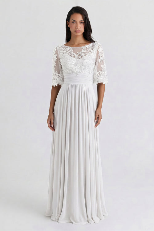White Bell-Sleeve Chiffon Wedding Dress with Lace Bodice