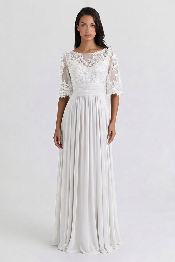 Bell-Sleeve Chiffon Mother of the Bride Dress with Lace Bodice