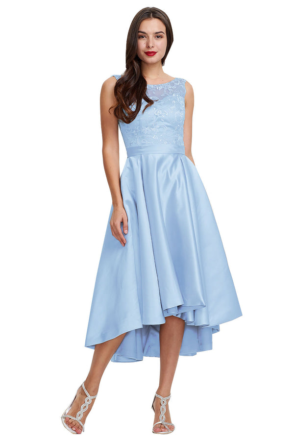 Silver High-Low Satin Cocktail Dress with Lace Bodice, Pleats and Pockets