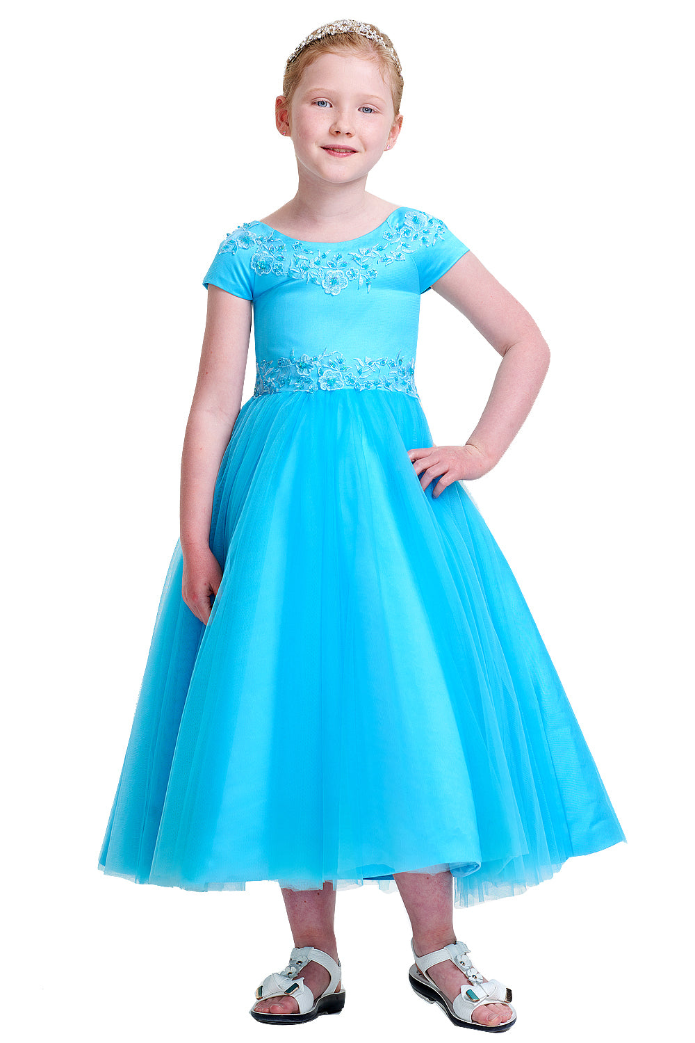 Short-Sleeve Satin and Tulle Flower Girl Dress with Floral Trim