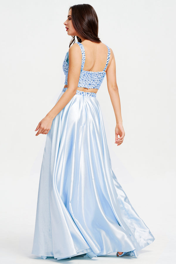 Sky Blue Two-Piece Beaded Stretch Satin A-Line Prom Dress with Slit