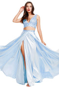 Sky Blue Two-Piece Beaded Stretch Satin A-Line Prom Dress with Slit