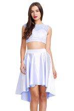 Scoop Neck Lace Appliques Two Piece High Low Satin Homecoming Dress