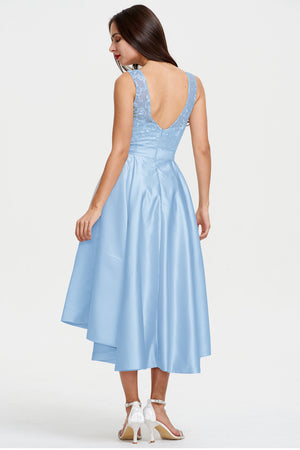 Silver High-Low Satin Cocktail Dress with Lace Bodice, Pleats and Pockets