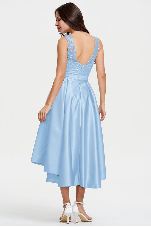 Silver High-Low Satin Cocktail Dress with Lace Bodice, Pleats and Pockets