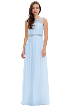 Sky Blue Lace and Chiffon A-Line Bridesmaid Dress with Illusion Neckline