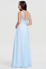 Long Scoop Neck A-line Sleeveless Lace Appliques Chiffon Prom Dress