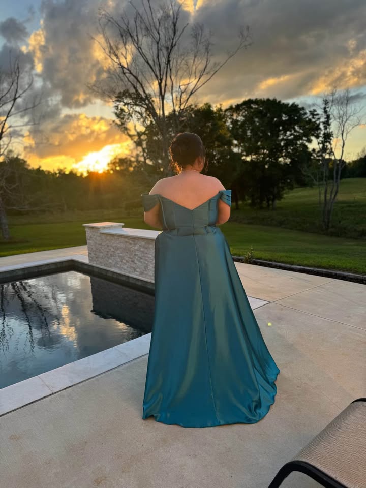 Off Shoulder Satin A-line Teal Prom Dresses