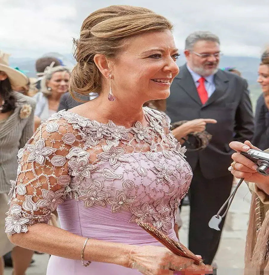 Round Neck Half Sleeves Lace appliques Chiffon Mother of the Bride Dress