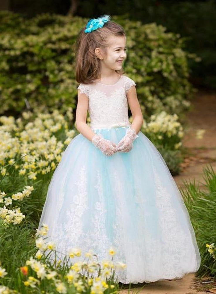 Scoop Neck Sleeveless Lace Appliques Tulle Flower Girl Dresses