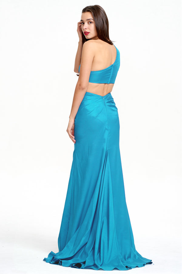 One-Shoulder Stretch Satin Sheath Evening Gown with Ruffle Slit and Back Cutout