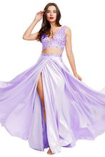 A-Line V-Neck Sleeveless Two Piece Slit Satin Long Prom Dresses