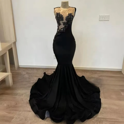 Round Neck Sleeveless Black Lace Appliques Mermaid Prom Dress