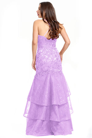 Lilac Lace-Applique Tulle Mermaid Prom Dress with Tiered Ruffles