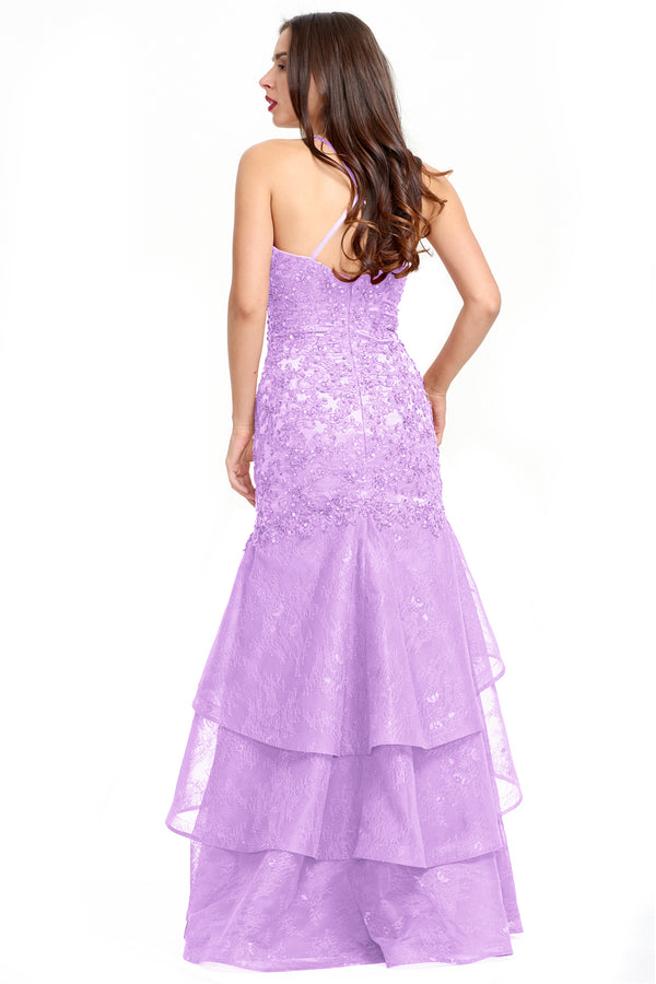 Lilac Lace-Applique Tulle Mermaid Prom Dress with Tiered Ruffles