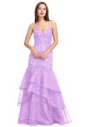 Lilac Lace-Applique Tulle Mermaid Prom Dress with Tiered Ruffles