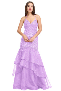 Lilac Lace-Applique Tulle Mermaid Prom Dress with Tiered Ruffles