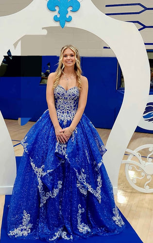 Sweetheart Neckline Sleeveless Lace Appliques Blue Evening Dresses