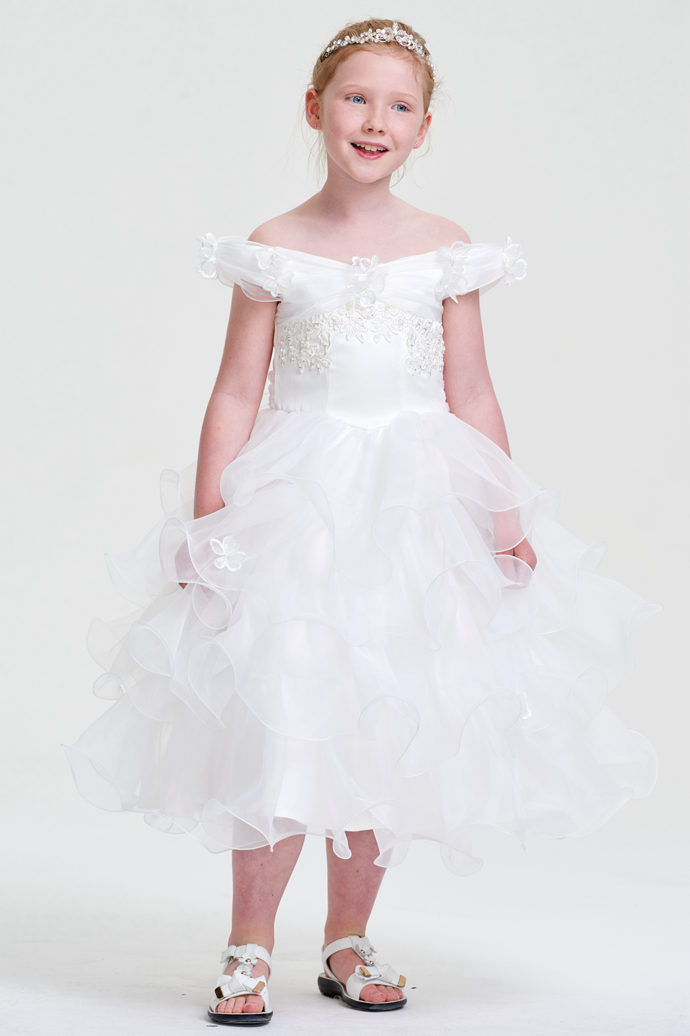 Ruffled Off-the-Shoulder Organza A-Line Flower Girl Dress