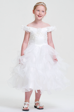 White Organza Off Shoulder Ruffled sleeves Corset Back Flower Girl Dress