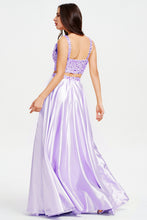 A-Line V-Neck Sleeveless Two Piece Slit Satin Long Prom Dresses