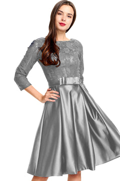 Silver 3/4-Sleeve Lace and Pleated Satin Homecoming Dress with Waist Bow