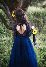 Long Sleeve Scoop Neck Tulle Navy Blue Flower Girl Dresses