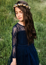Long Sleeve Scoop Neck Tulle Navy Blue Flower Girl Dresses