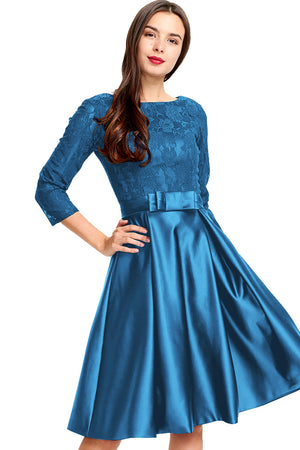 Blue 3/4-Sleeve Lace and Pleated Satin Homecoming Dress with Waist Bow