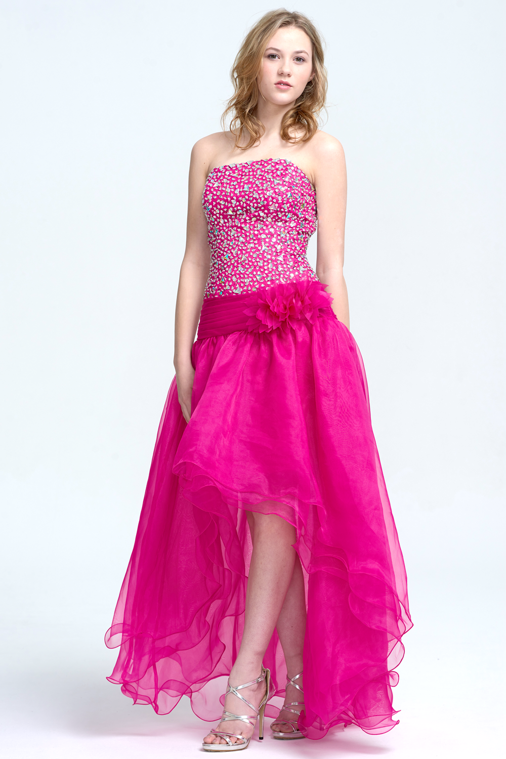 Princess Strapless High-Low Organza Prom Dresses with Sequin