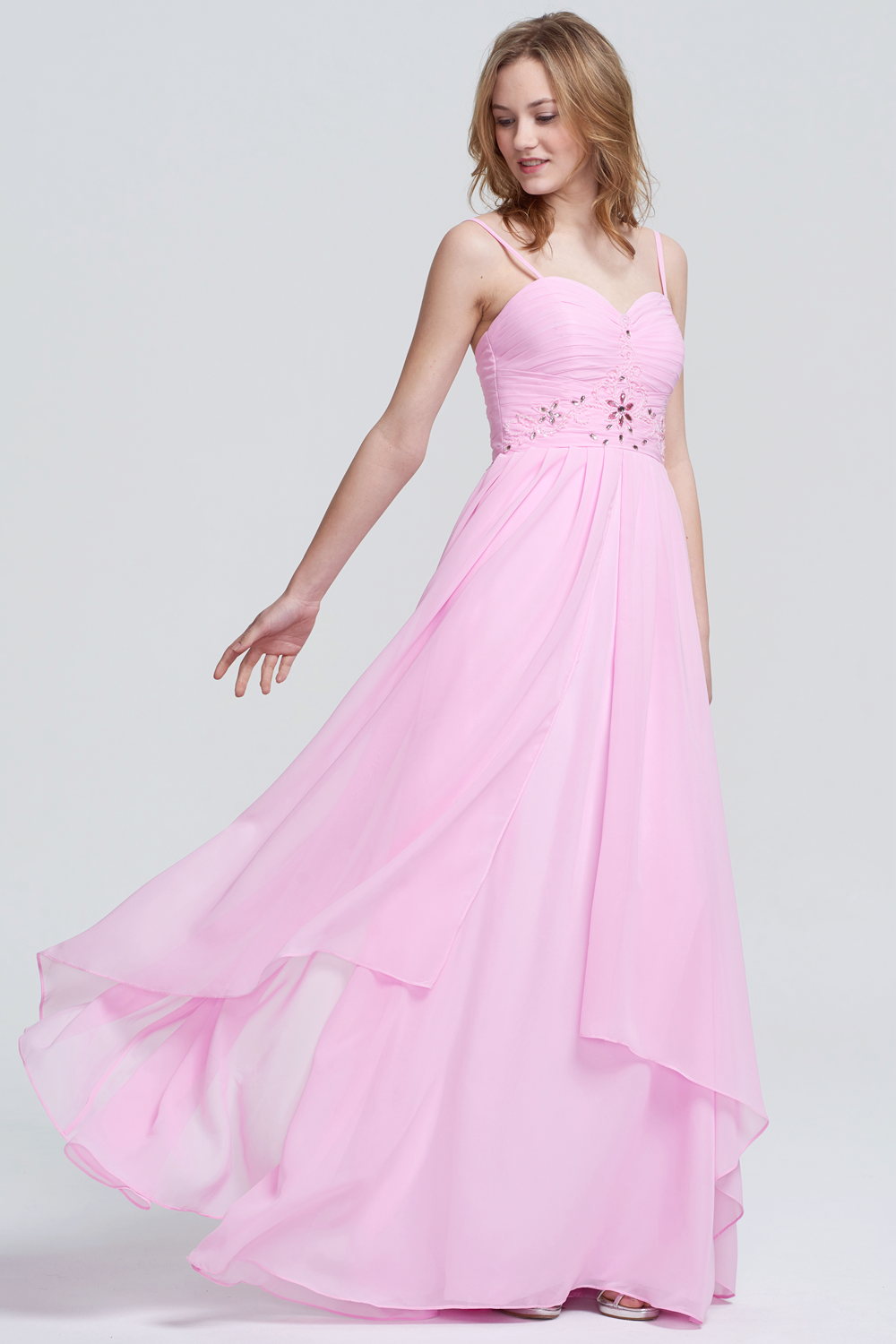 Sweetheart Neck Spaghetti Straps Chiffon Blush Pink Prom Dresses