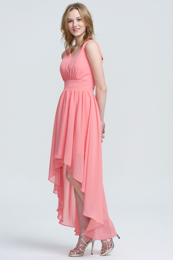 Coral Gathered V-Neck High-Low Chiffon A-Line Bridesmaid Dress