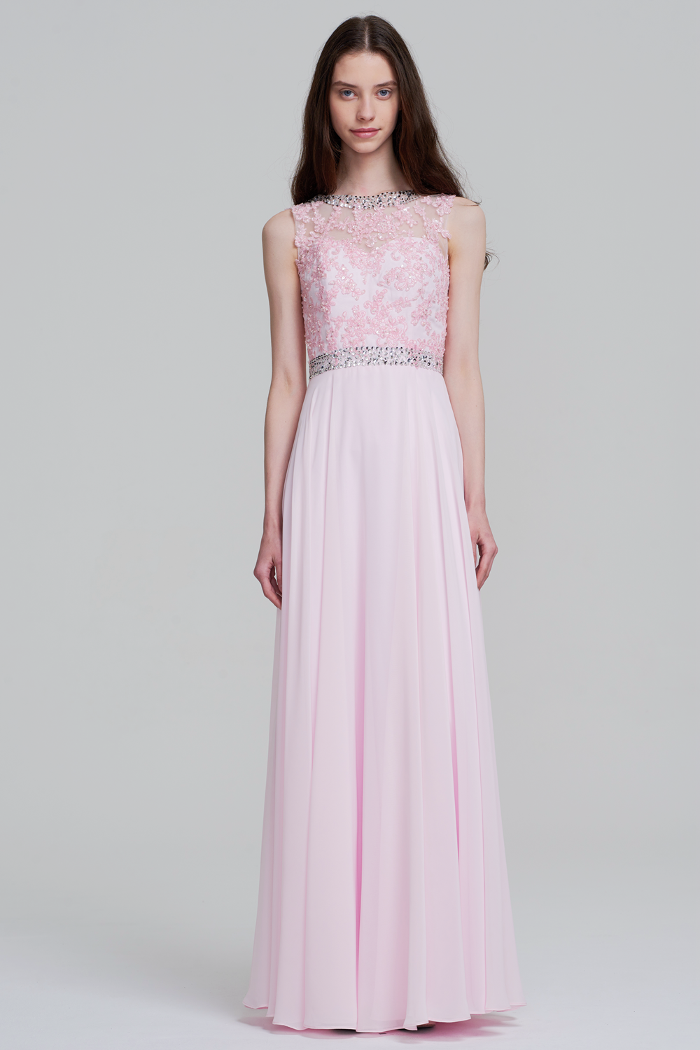 A-Line Scoop Neck Floor-Length Chiffon Lace Prom Dresses With Beading Main image