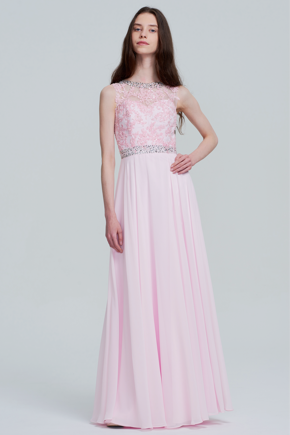 Illusion-Neck Lace and Chiffon A-Line Prom Dress with Back Cutout