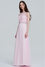 A-Line Scoop Neck Floor-Length Chiffon Lace Prom Dresses With Beading
