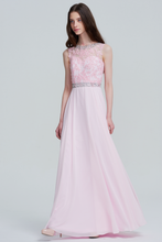 A-Line Scoop Neck Floor-Length Chiffon Lace Prom Dresses With Beading